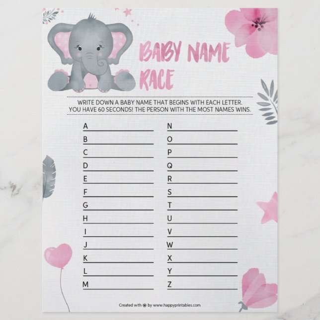 Baby Name Race [Baby Elephant [Pink]] Letterhead (Front)