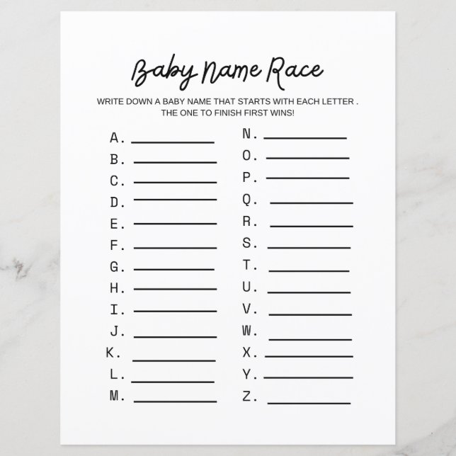 Baby Name Race Baby Shower Game (Front)