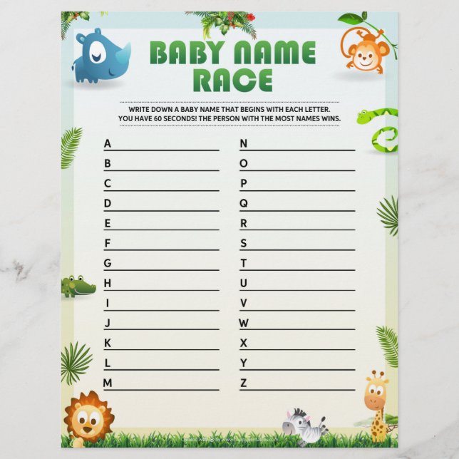 Baby Name Race Baby Shower Game [Animal Theme] Letterhead (Front)