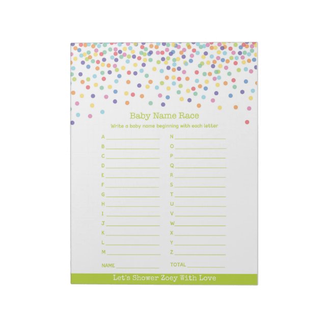 Baby Name Race Confetti Baby Shower Game Notepad (Rotated)