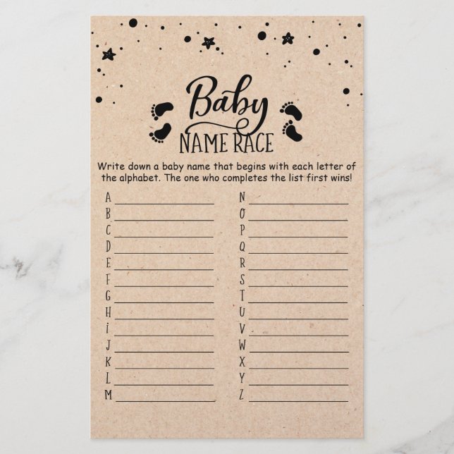 Baby Name Race Game Baby Shower Party game (Front)