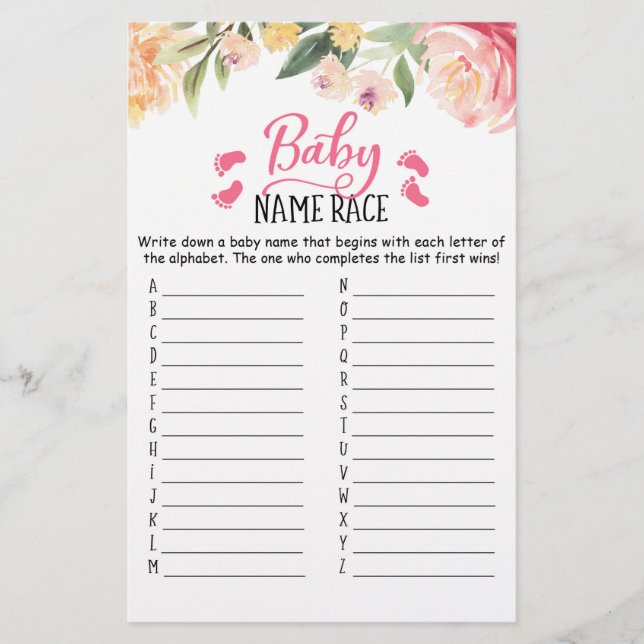 Baby Name Race Game Baby Shower Party game (Front)