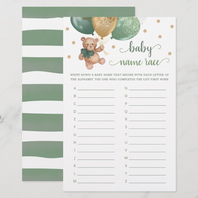 Baby Name Race Game Baby Shower Teddy Bear  (Front/Back)