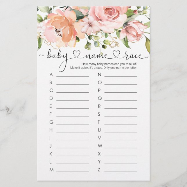 Baby Name Race Game, Floral Roses Baby Shower Game (Front)