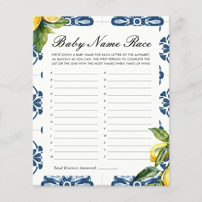 Baby Name Race Lemon Positano Baby Shower Game (Front)