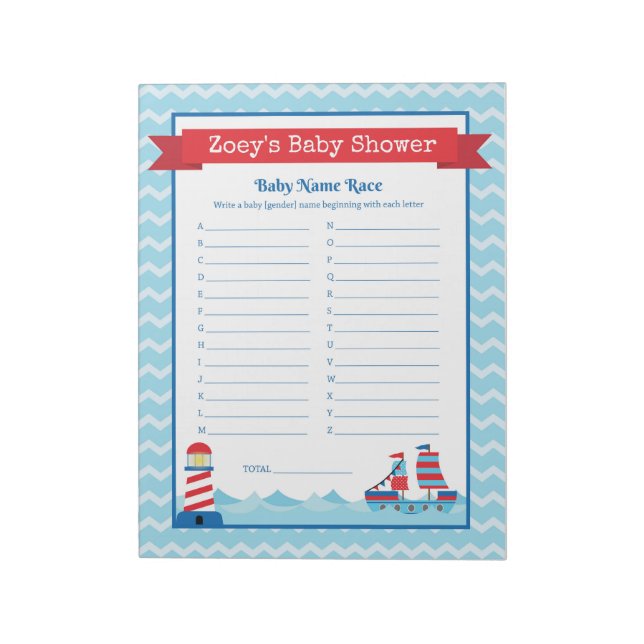 Baby Name Race Nautical Theme Baby Shower Game Notepad (Rotated)
