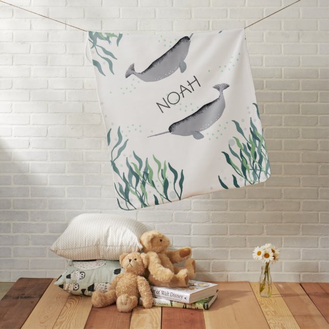 Baby Name Rustic Narwhal Whale Sea Gender Neutral  Baby Blanket (In Situ)