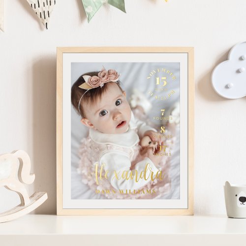 Baby Name Script Birth Stats Baby Photo Keepsake  Foil Prints