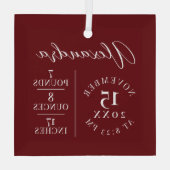  Baby Name Script & Birth Stats Burgundy Keepsake Glass Ornament (Back)