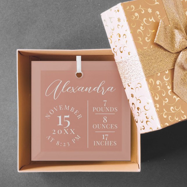  Baby Name Script & Birth Stats Pink Keepsake Glass Ornament (Creator Uploaded)