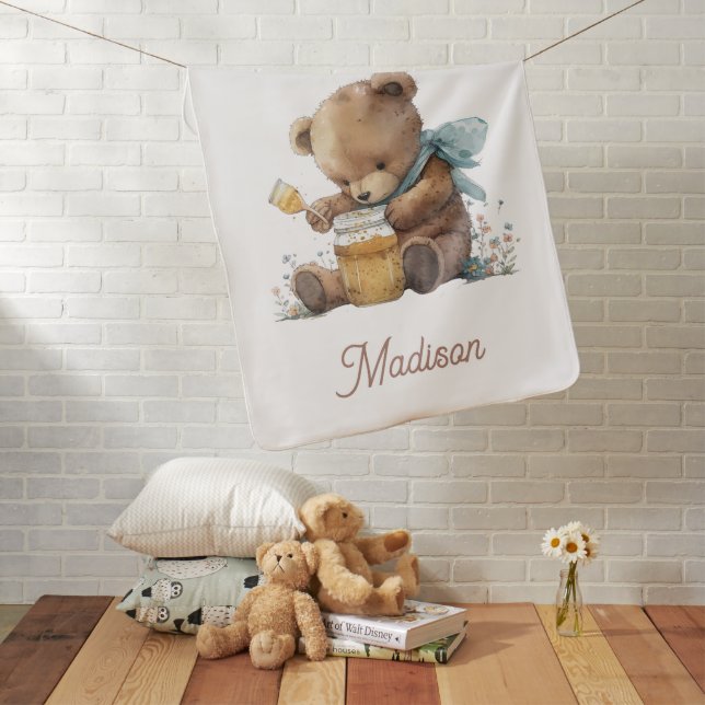 Baby Name Teddy Bear Honey Pot Baby Nursery Baby Blanket (In Situ)