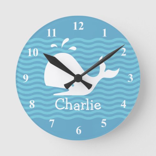 Baby name wall clock with cute whale in wavey sea