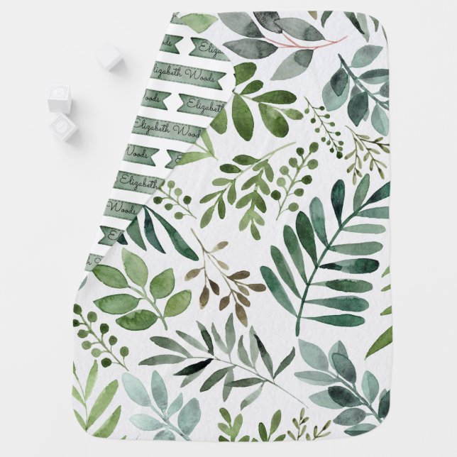 Baby Name - Watercolor Botanical Leaves Pattern  Baby Blanket (In Situ)