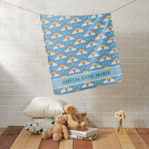 Baby Name With Rainbow Rain Clouds on Blue Blanket