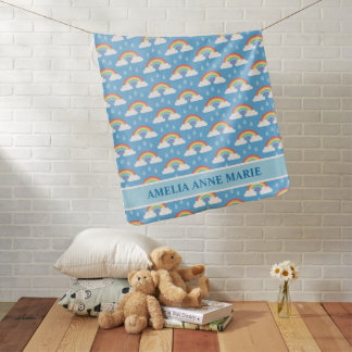 Baby Name With Rainbow Rain Clouds on Blue Blanket