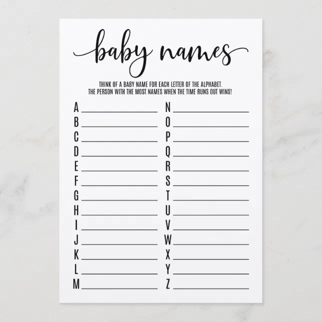 Baby Names A To Z Baby Shower Game Program | Zazzle