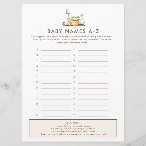 Baby Names A-Z Game Card Baby Shower