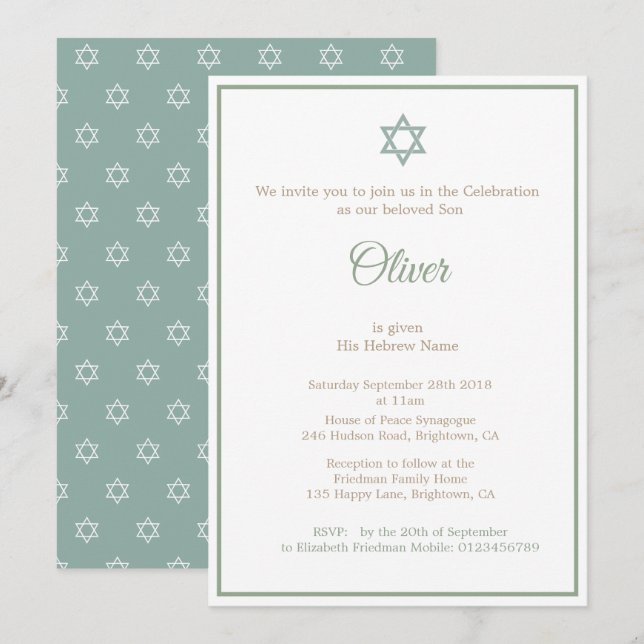 Baby Naming Ceremony Hebrew Boy Green Invitation (Front/Back)
