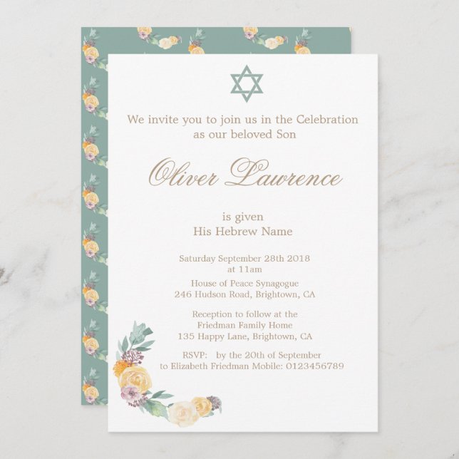 Baby Naming Ceremony Hebrew Boy Invitation (Front/Back)