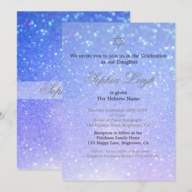Baby Naming Ceremony Hebrew Girl Glitter Invitation (Front/Back)