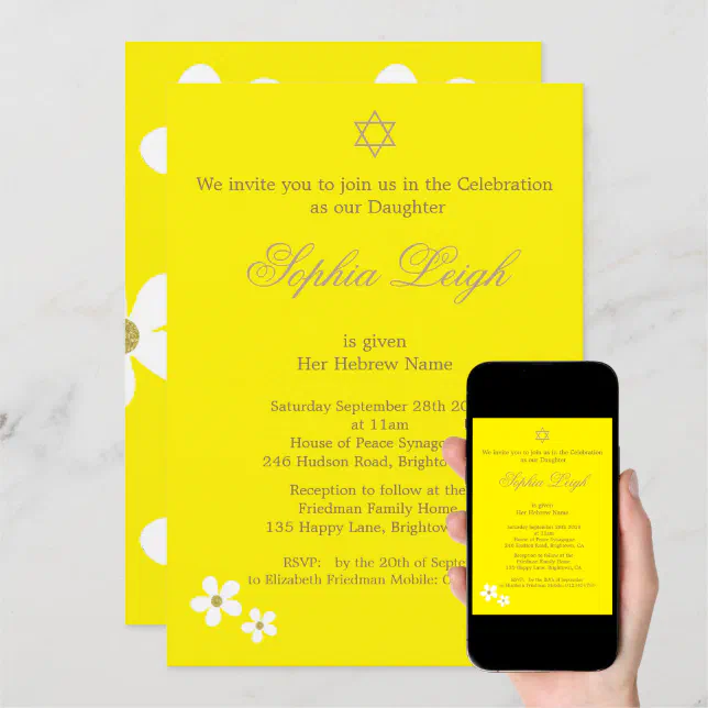 Baby Naming Ceremony Hebrew Girl Yellow Invitation Zazzle