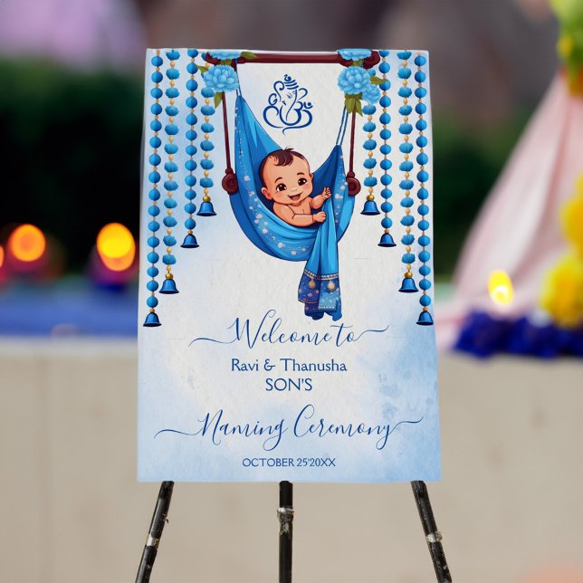 Baby Naming Cradle Ceremony blue welcome sign (Baby Naming Cradle Hindu Namkarana Ceremony blue cute baby boy welcome sign board personalized decor)