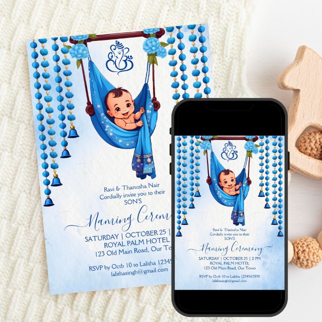 Baby Naming Cradle Indian Ceremony blue template (Baby Naming Cradle Indian Namkarana Ceremony blue editable template invitation digital download)