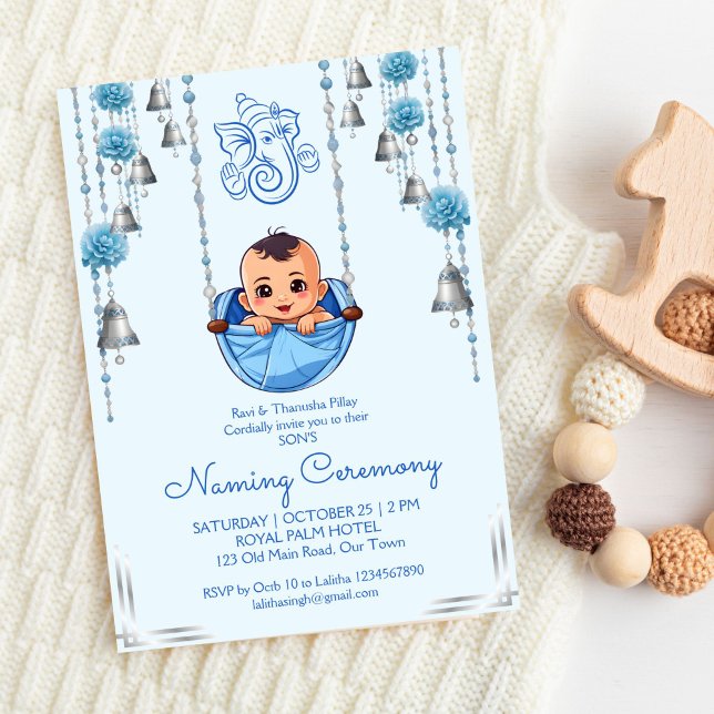 Baby Naming Cradle Indian Ceremony blue template (Baby Naming Cradle Indian Namkarana Ceremony blue for a boy template invitation digital download)