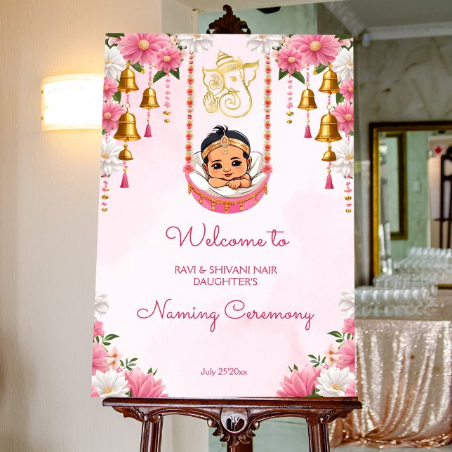Baby Naming Cradle Indian Ceremony pink welcome Foam Board (Baby Naming Cradle Indian Namkarana Ceremony pink welcome sign Board template Hindu baby christening)