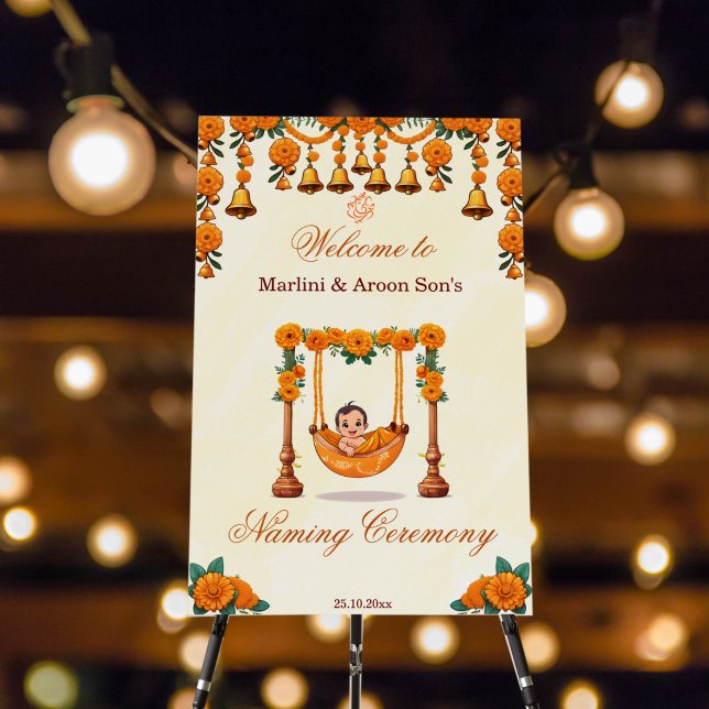 Baby Naming Cradle Indian Ceremony welcome sign (Baby naming cradle namkaran ceremony welcome sign board template cute baby cradle with marigolds)
