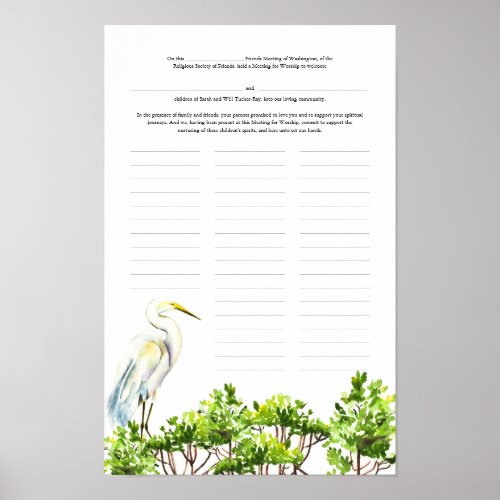Baby Naming Day Certificate White Heron Mangrove Poster