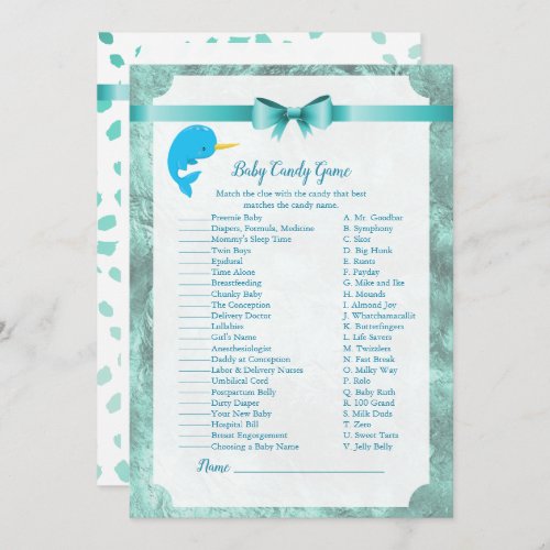 Baby Narwhal Baby Candy Shower Game Invitation