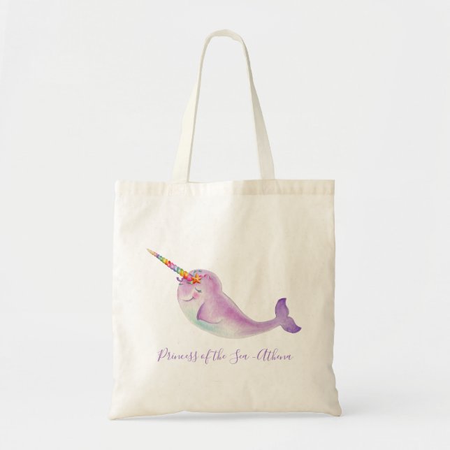 Baby narwhal rainbow underwater watercolor name tote bag (Front)