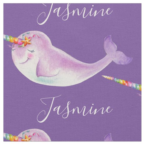 Baby narwhal watercolor art purple custom name fabric