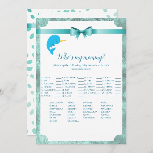 Baby Narwhal Whos My Mommy Baby Shower Game Invitation