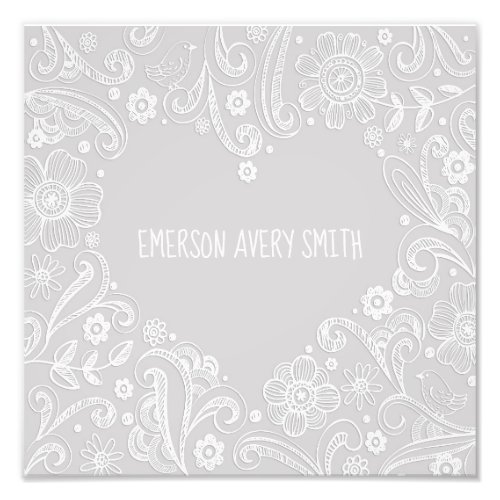 Baby Neutral Grey White Heart Name Photo Print