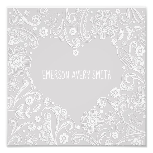 Baby Neutral Grey White Heart Name Photo Print (Front)
