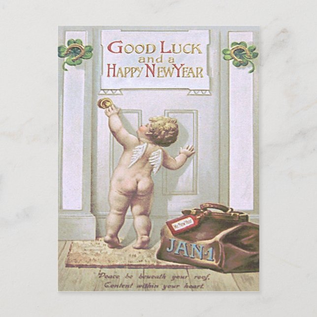 Baby New Year Cherub Angel Four Leaf Clover Holiday Postcard (Front)