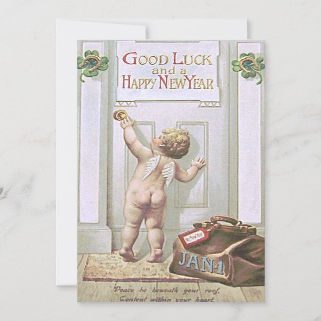 Baby New Year Cherub Angel Four Leaf Clover Invitation (Front)