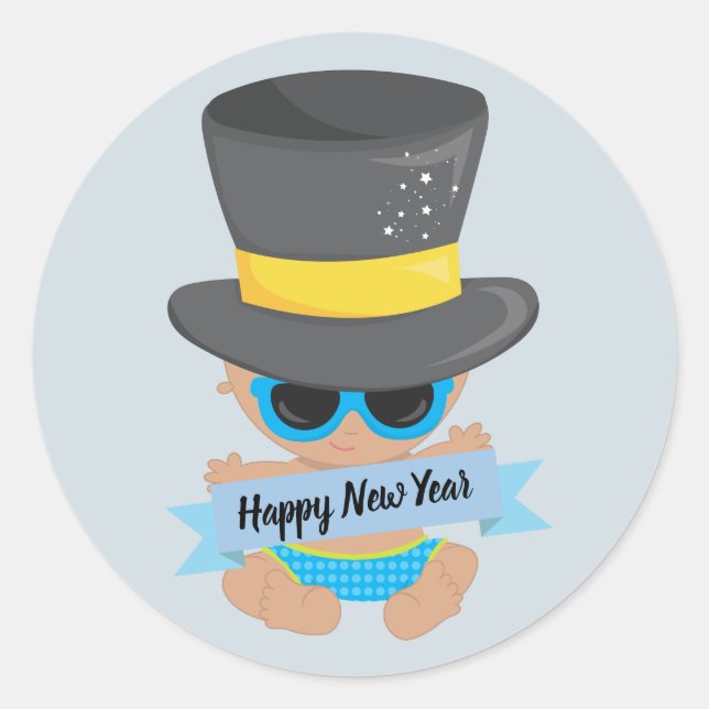 Baby New Year with Banner Classic Round Sticker (Front)