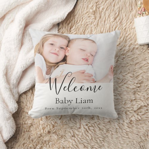 Baby newborn welcome name photo throw pillow