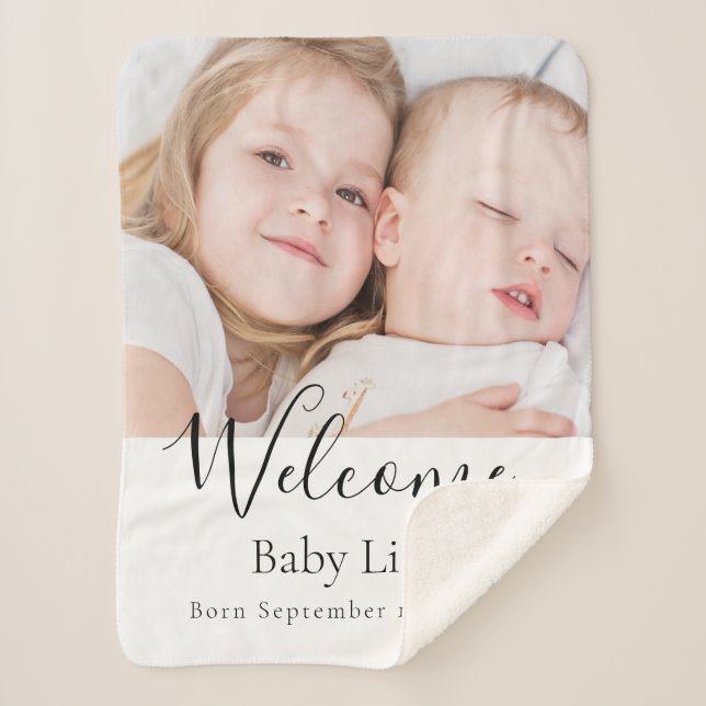 Baby newborn welcome photo name sherpa blanket (Front)