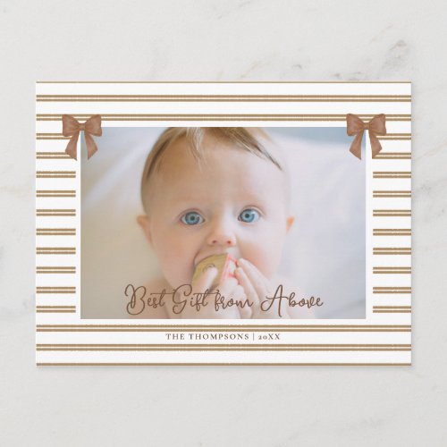 Baby News Bows Stripes Neutral Tan Photo Christmas Holiday Postcard