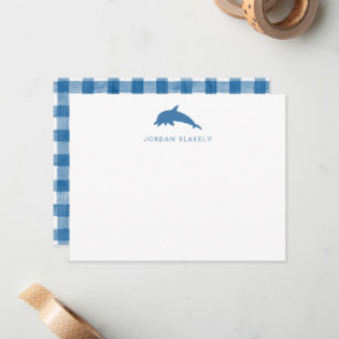 Baby Note Card, Blue Dolphin Gingham Flat Card