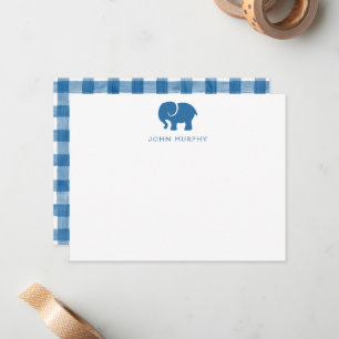 Baby Note Card, Blue Elephant Gingham Flat Card