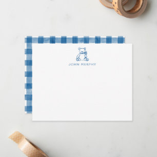 Baby Note Card, Blue Teddy Bear Gingham Flat Card