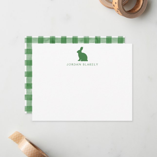 Baby Note Card, Green Bunny Gingham Flat Card (Front/Back In Situ)