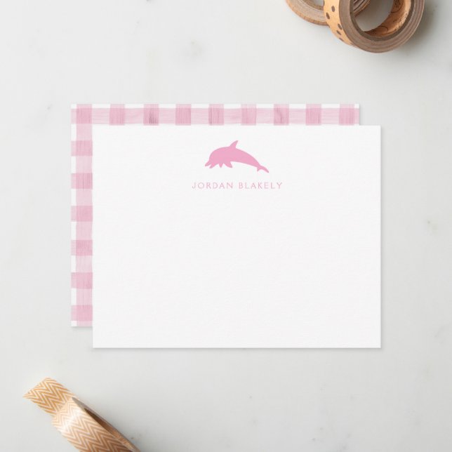 Baby Note Card, Light Pink Dolphin Gingham Flat Card (Front/Back In Situ)