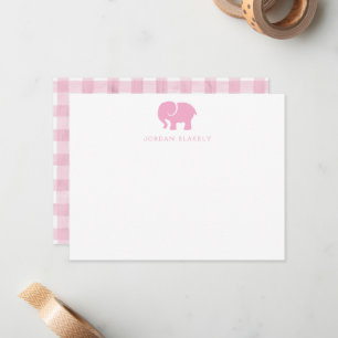 Baby Note Card, Light Pink Elephant Gingham Flat Card