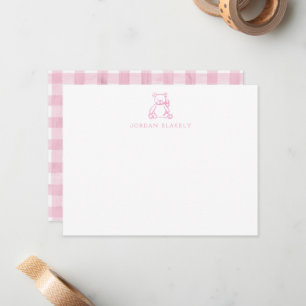 Baby Note Card, Light Pink Teddy Bear Gingham Flat Card